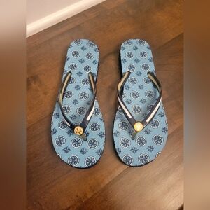 Tory Burch Coastline Blue Compass Navy Sea T Logo Printed Gold Logo Flip Flops